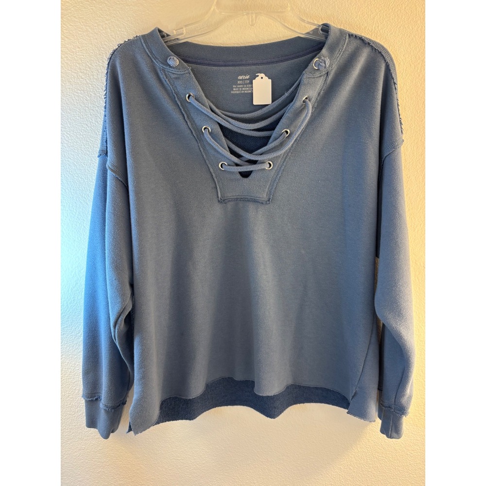 Aerie Lace Up V-Neck Sweatshirt Blue Raw Hem XXS Y2K